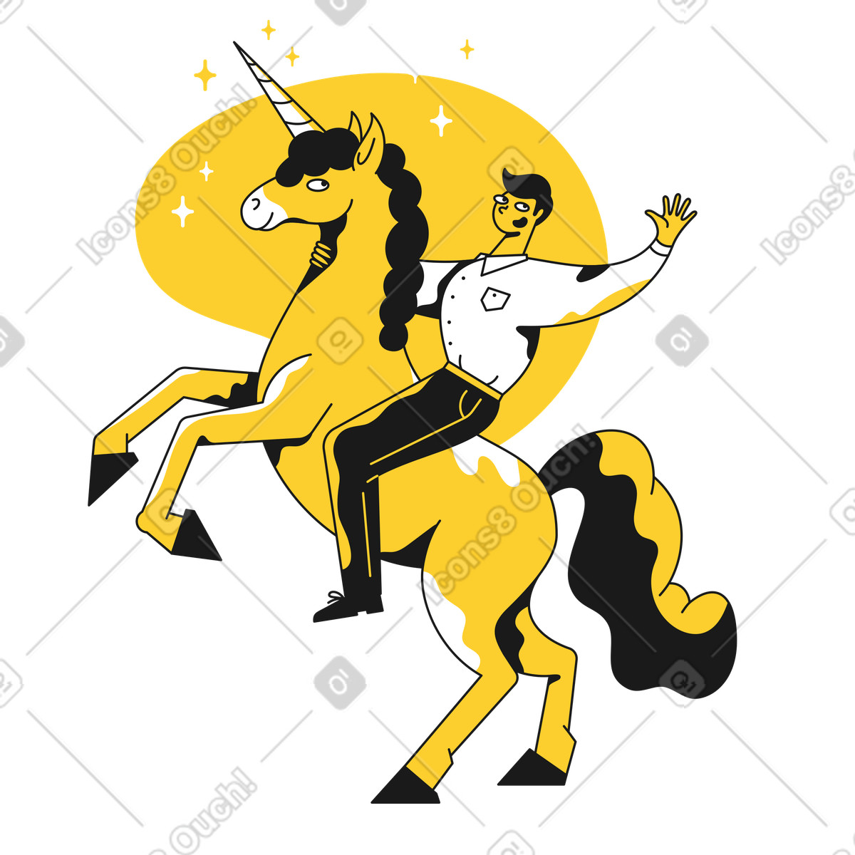 Illustration Guy chevauchant une licorne dans le style Taxi à télécharger aux formats PNG, SVG