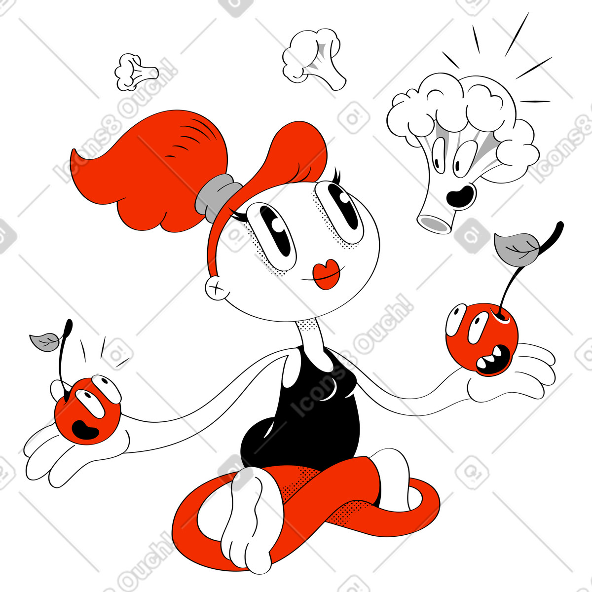 Looney スタイルの 新鮮な野菜や果物で健康的なライフスタイルを送る女性 のイラストをPNG、SVG形式でダウンロード