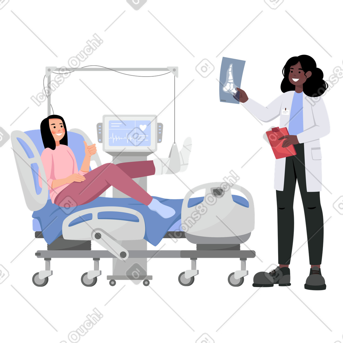 Ilustración Doctor y paciente con una pierna rota en estilo Lagom a descargar en PNG SVG