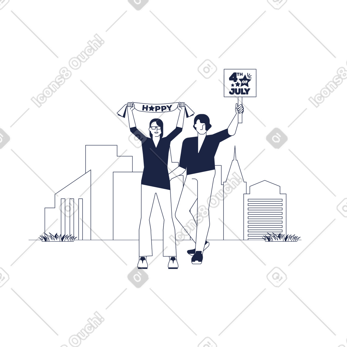 Friends holding Happy July 4th banner outdoors, Independence Day celebration illustrazione in stile Urban Line scarica in PNG, SVG