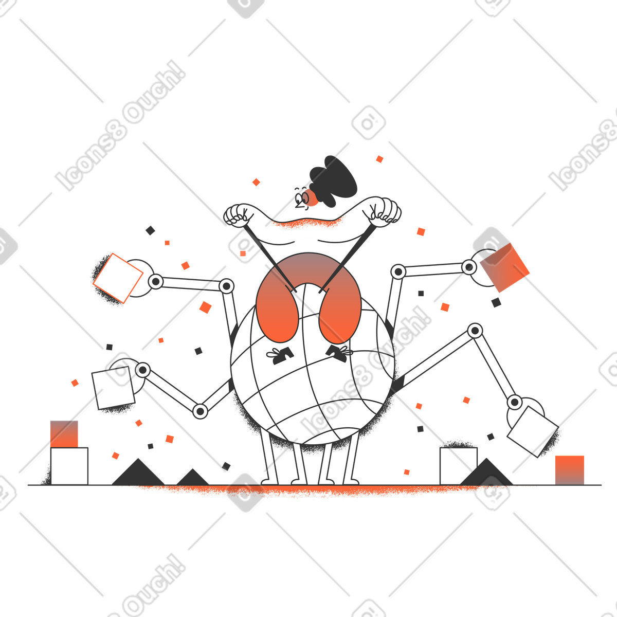 Multitasking robot working with building blocks, Page under construction concept illustration in Crayon style download in PNG, SVG