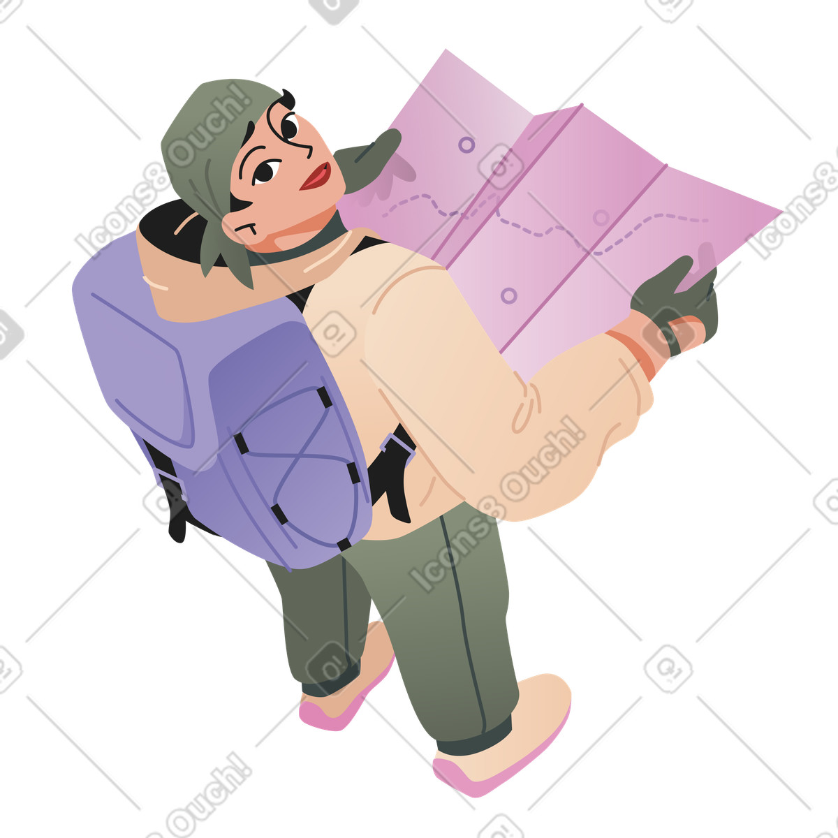 Finding a way, hiker looking at map illustration in Coworking style download in PNG, SVG