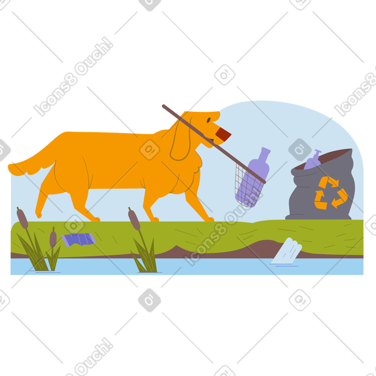 Golden retriever collecting litter illustration environment clipart high-quality graphics