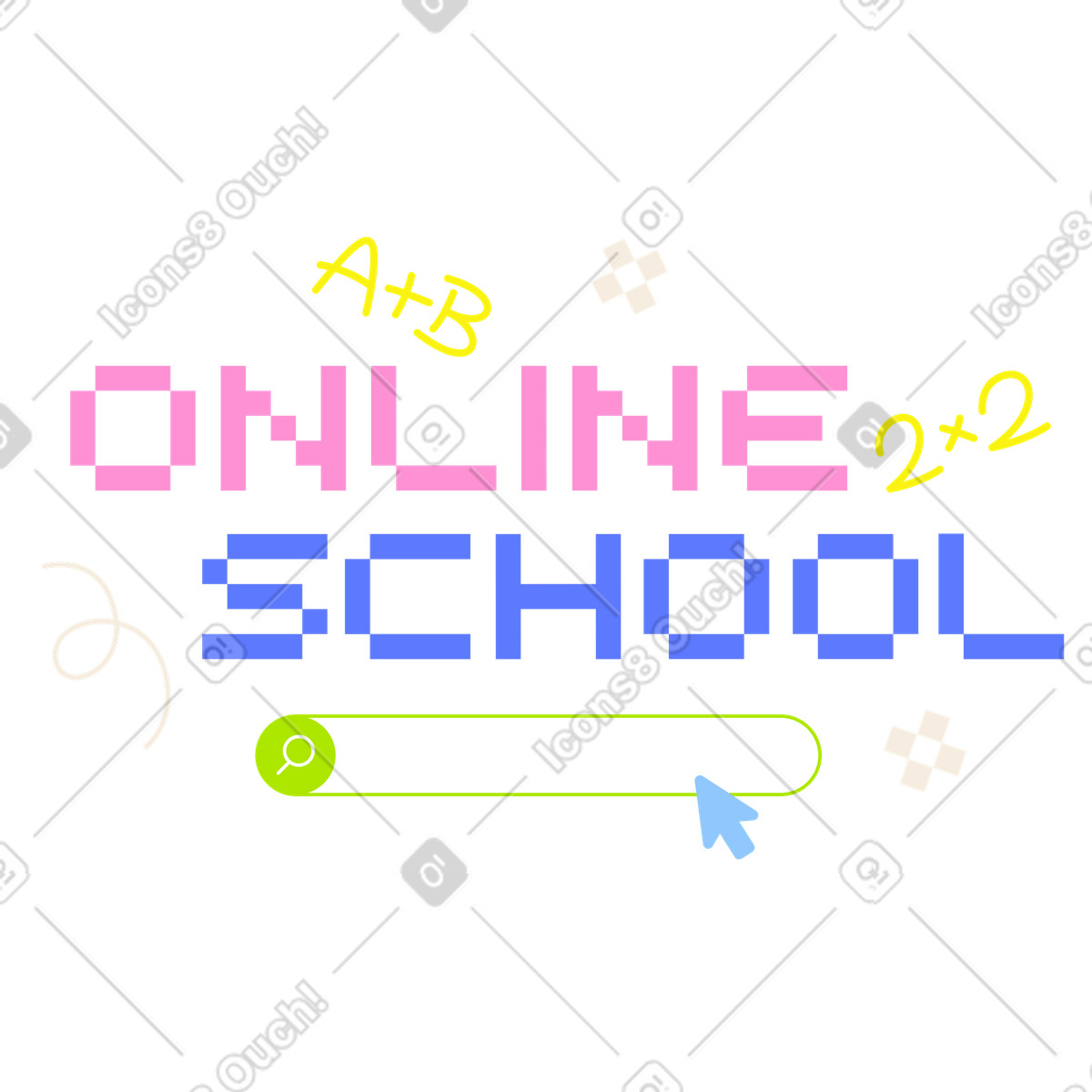Lettering Online School with math signs and searchbar text illustration in 8bit style download in PNG, SVG