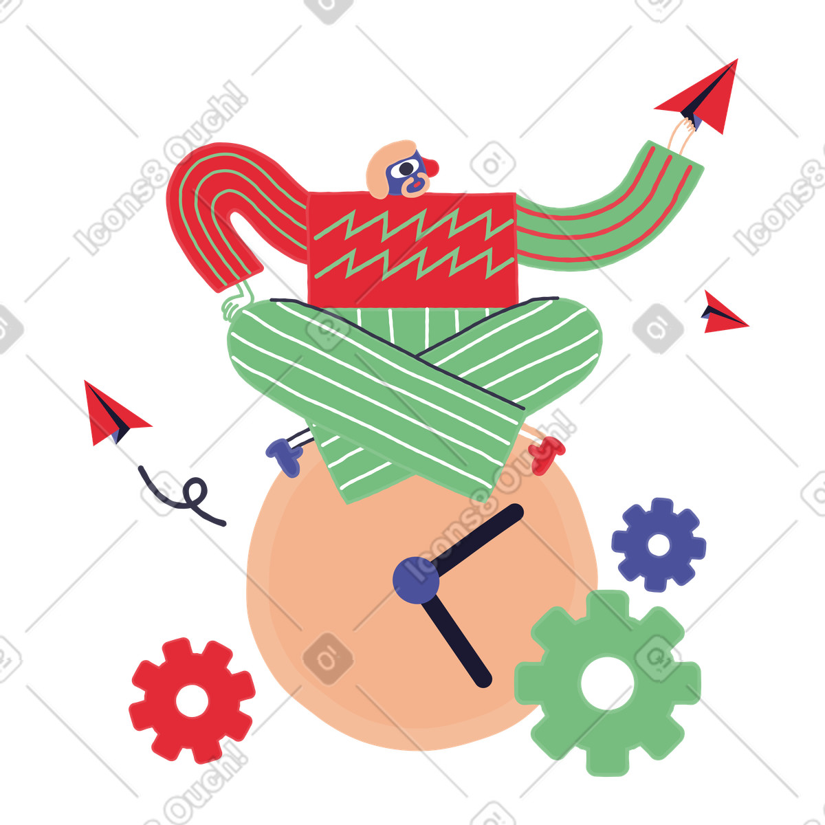 Ilustración El hombre se sienta en reloj y envía mensajes a tiempo estilo Stripy descargar PNG SVG