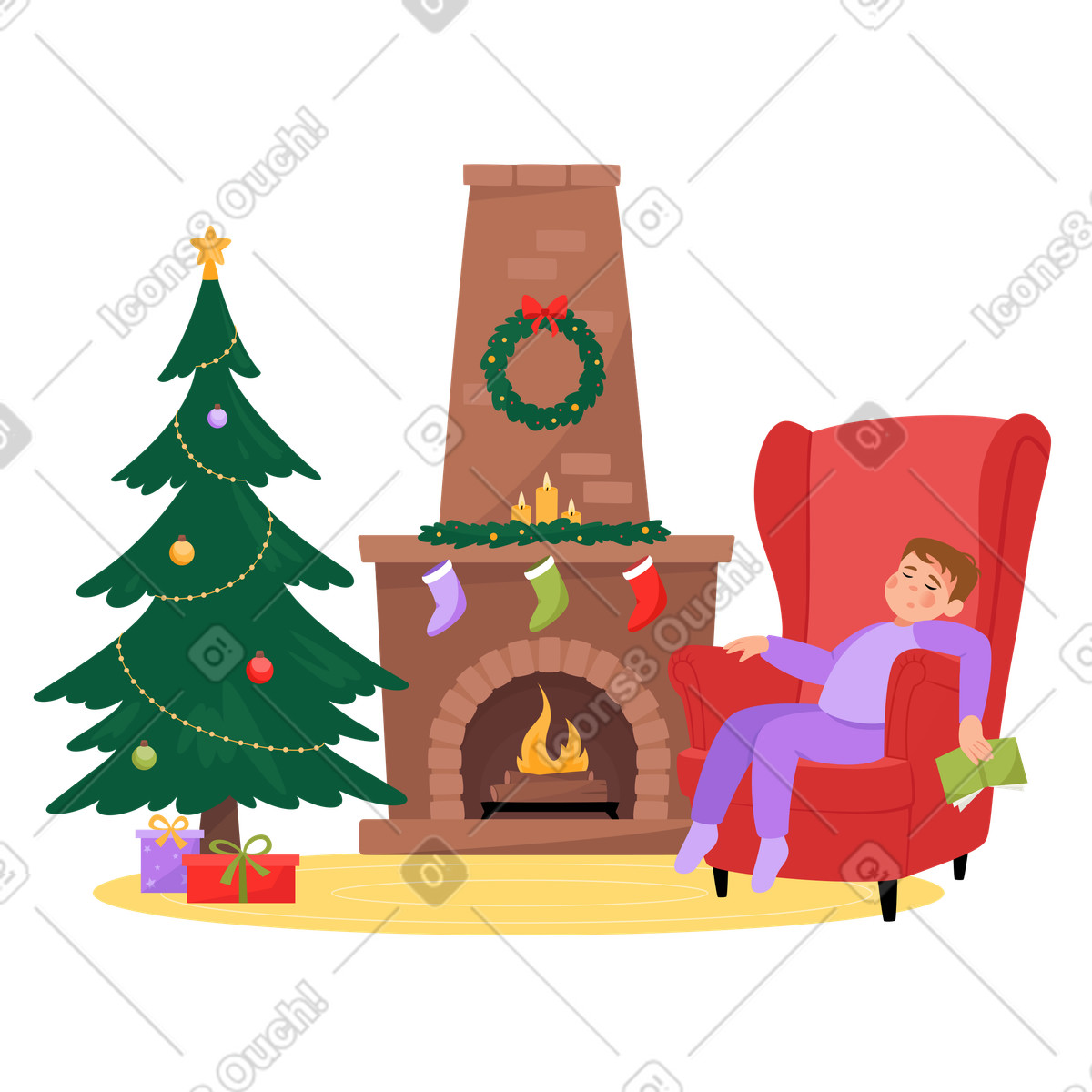 Illustration Le garçon s'est endormi dans une chaise près de l'arbre noël style Lagom à télécharger aux formats PNG, SVG