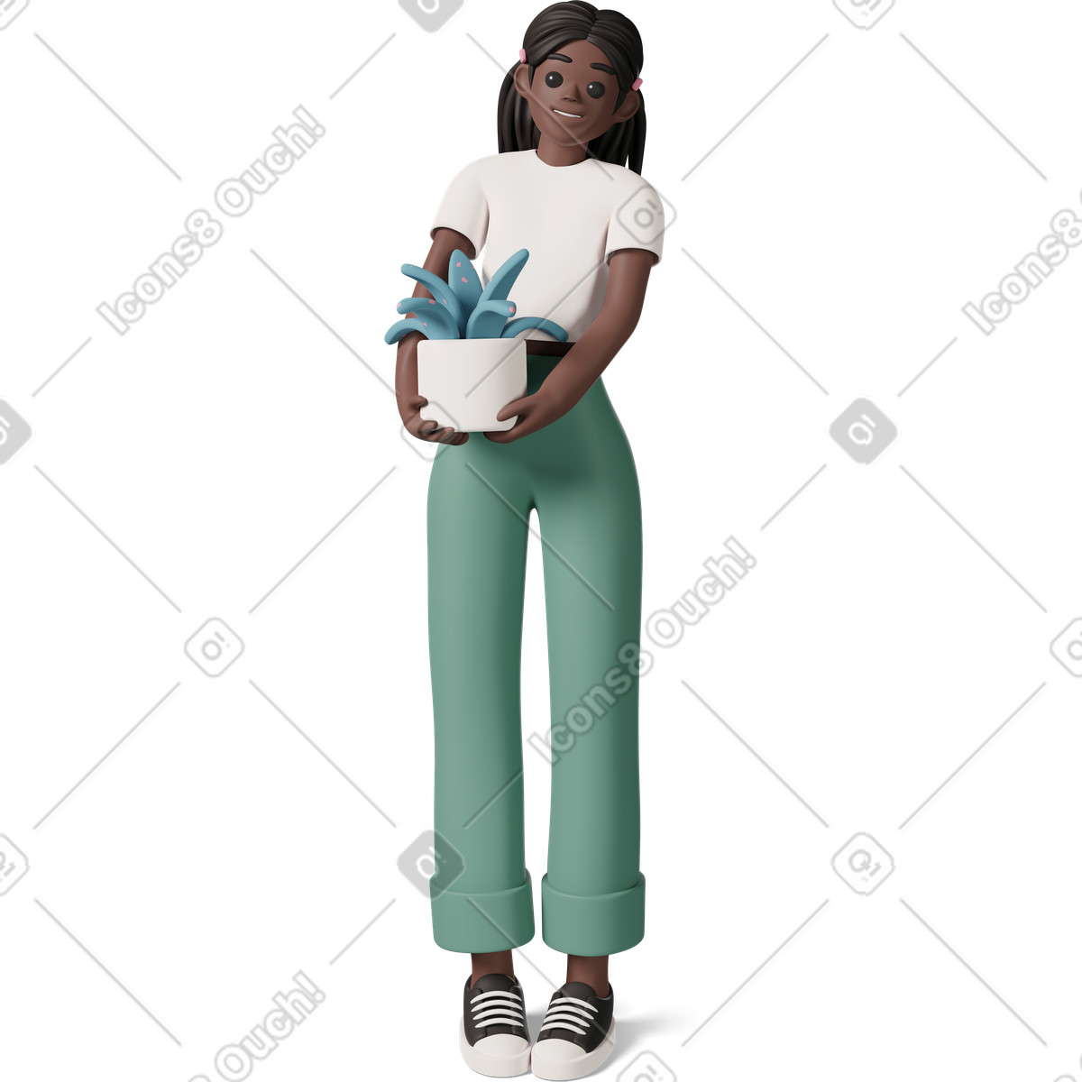 下载 3D Casual life 风格的 Black girl smiling and holding plant in white pot 插画，支持 PNG、SVG 格式
