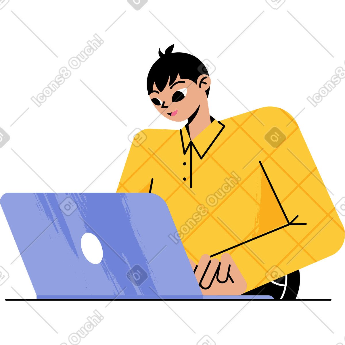 Guy in a yellow shirt working on laptop illustration Juicy style download PNG, SVG