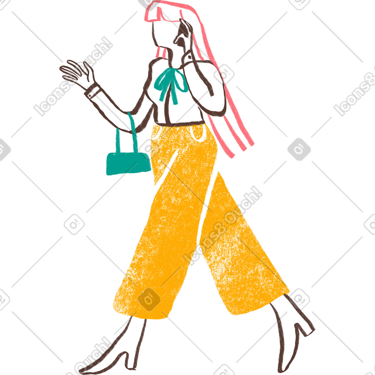 Ilustración Long haired woman walking and talking on a phone en estilo Company descargar en PNG y SVG