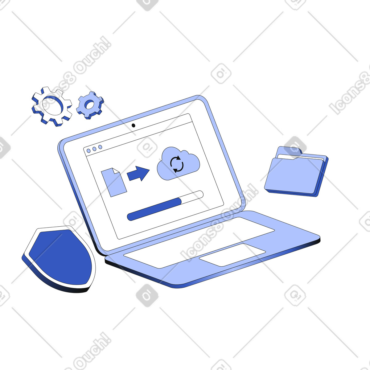 Data backup on laptop in progress illustration in PNG, SVG