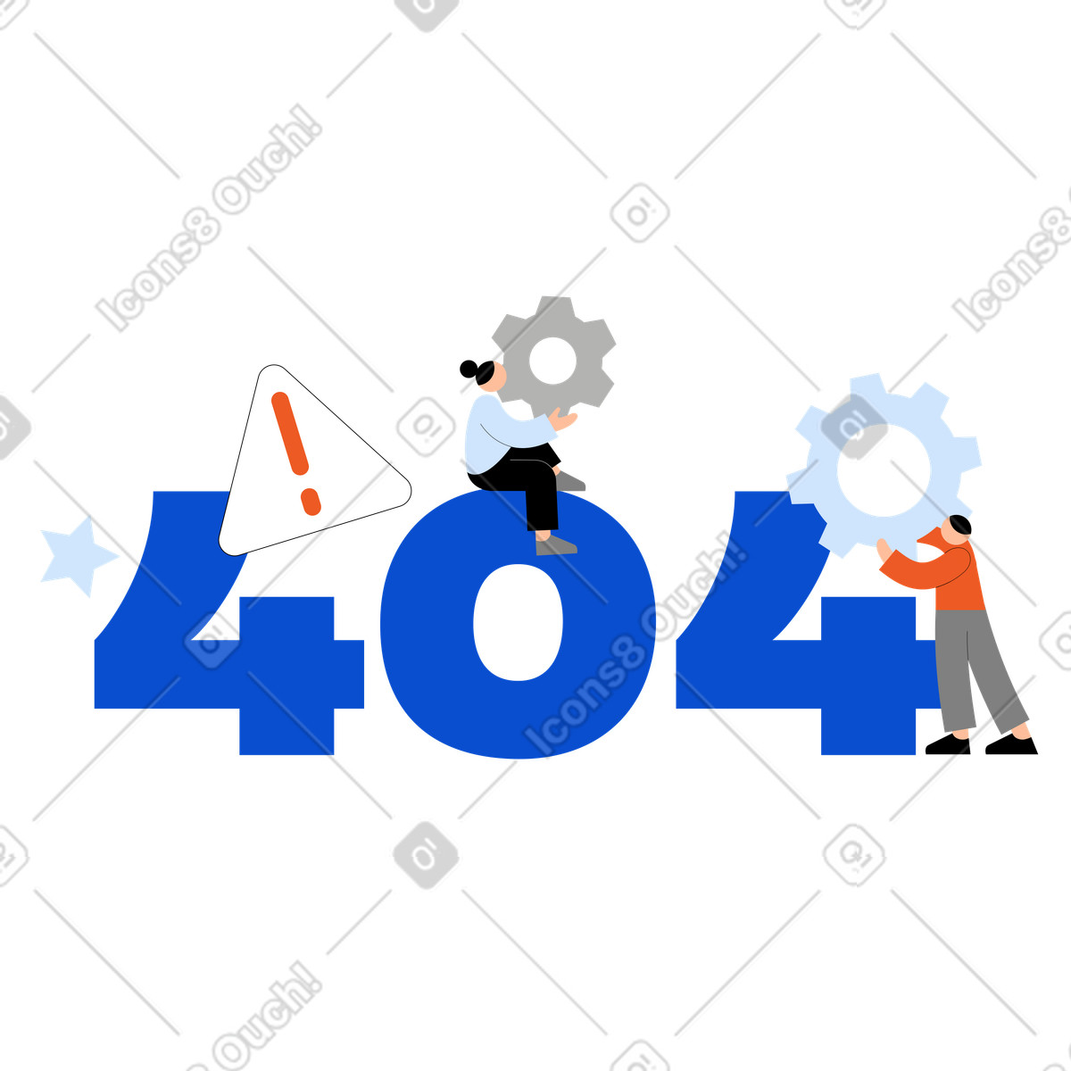 Error 404 with gears and warning sign, Website maintenance or page not found illustration in Tiny style download in PNG, SVG