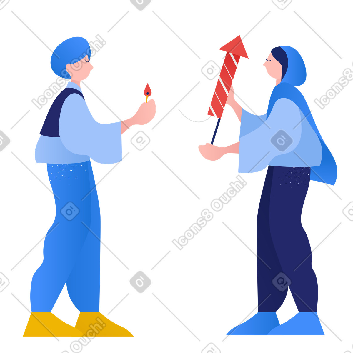 Indian man and woman launching fireworks illustration in Clip style download in PNG, SVG