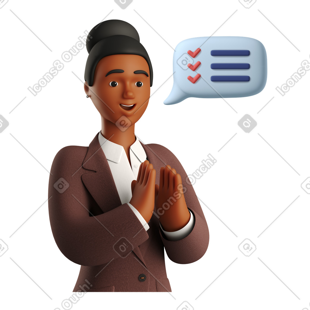 下载 3D Business 风格的 为完成的工作鼓掌的快乐女人 插画，支持 PNG、SVG 格式