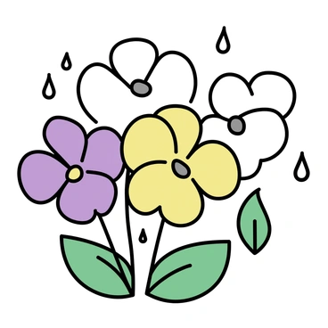 A group of pansy flowers in various colors, including purple, yellow, and white, are displayed. The petals of the flowers are adorned with clear raindrops, reflecting light in a way that emphasizes their delicate textures. The flowers are positioned close together, with green leaves surrounding them, creating a lush appearance. The scene showcases the fresh, vibrant look of spring after a gentle rain.