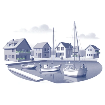 A quaint seaside village features small houses with sloping roofs and wooden frames. The buildings have balconies adorned with flower pots and are arranged along a waterfront. In the harbor, several boats are anchored, their sails gently billowing in the breeze. The scene includes a dock extending into the water where a few fishermen are preparing their gear. The sky above shows a few scattered clouds, hinting at a pleasant day. The entire setting is captured in monochrome, emphasizing the details of the village and boats.