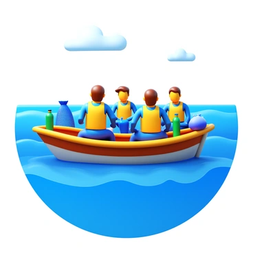 A team of four individuals on a small boat, actively collecting plastic waste from the ocean. The boat is equipped with nets and bags filled with various types of plastic debris, including bottles and containers. The ocean is a vibrant blue with gentle waves reflecting the sunlight. In the background, a clear sky with a few fluffy clouds completes the scene. Each team member is wearing safety vests and is focused on their task, demonstrating teamwork as they work together to clean the water.