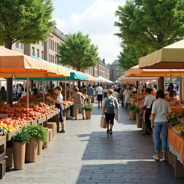 A bustling market scene in Birmingham filled with vibrant stalls. There are stalls adorned with colorful canopies, displaying fresh produce such as bright red tomatoes, leafy greens, and juicy oranges. Nearby, handmade crafts are showcased, including intricately woven baskets and unique pottery items. Shoppers of various ages browse the stalls, some holding bags filled with purchases. The ground is paved with cobblestones, and a few trees provide patches of shade throughout the area. In the background, historic buildings can be seen, adding to the charm of the market atmosphere.
