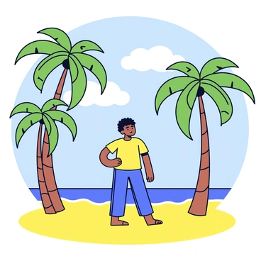 A person standing on a tropical beach. The individual is barefoot, with their toes buried in the warm golden sand. Surrounding them are several tall palm trees, with green fronds gently swaying in the breeze. The ocean is visible in the background, with soft waves lapping at the shore. The sky above is clear with a few fluffy white clouds scattered.