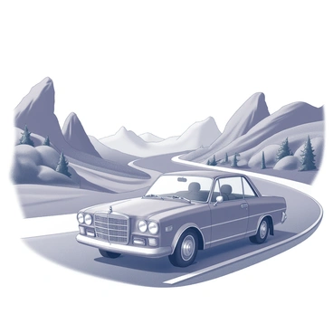 A retro car is driving along a winding road. The car features round headlights and chrome details, showcasing its vintage design. On either side of the road, there are tall mountains with rocky peaks. The landscape includes rolling hills and sparse trees, creating a sense of depth and height. In the distance, there are more mountains, enhancing the scenic view. The sky above is clear, emphasizing the openness of the scene.