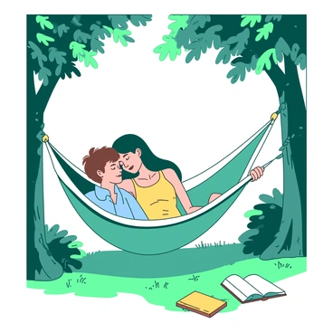 Two friends are comfortably relaxing in a hammock strung between two tall trees. One friend has short brown hair and is wearing a light blue shirt, while the other has long black hair and is dressed in a yellow tank top. They are cuddling closely, with one friend's arm draped over the other's shoulder. Surrounding them are lush green leaves and branches, creating a cozy, shaded atmosphere. Sunlight filters through the trees, casting soft patterns on the hammock, which is colored in teal and white. A small book lies nearby on the grass, hinting at a peaceful afternoon of reading and conversation.