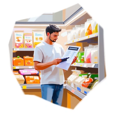 A person with medium skin tone is standing in a grocery store aisle, holding a shopping list in one hand and a calculator in the other. They are wearing casual clothing, consisting of a t-shirt and jeans. Around them, shopping items are neatly arranged on the shelves, including bags of rice, canned goods, fresh vegetables, and a few packets of snacks. The shopping list features various items written in neat handwriting. The person appears focused as they check their list and calculate their expenses.