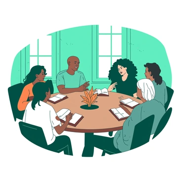 A teal room filled with a diverse group of people sitting around a circular wooden table. There are six individuals: a woman with long black hair, a man with short brown hair, and another woman with curly blonde hair, each holding an open Bible in front of them. They are animatedly discussing, pointing to passages in their books, while a small orange plant sits in the center of the table. Light comes through a window, creating a warm atmosphere as they engage in thoughtful conversation.