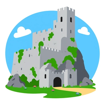 An ancient castle built into the side of a steep cliff, featuring rough stone walls and arched windows. The castle has numerous battlements that jut out, providing a vantage point over the horizon. Lush green vines creep up along the stone surfaces, adding life to the rugged structure. The sky is a bright blue with fluffy white clouds, creating a vibrant contrast against the gray stones. A winding path leads up to the entrance, surrounded by rocky terrain and small patches of colorful wildflowers.