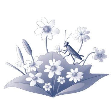 A garden filled with various tiny flowers of different shapes and sizes. In the foreground, a grasshopper is perched delicately on a leaf, its antennae alert and poised. The grasshopper appears engaged in the act of tending to the flowers, with one leg raised as if it is gently touching a blossom. The flowers have intricate details, showcasing their petals and delicate features. The overall scene conveys a sense of tranquility and harmony in nature.