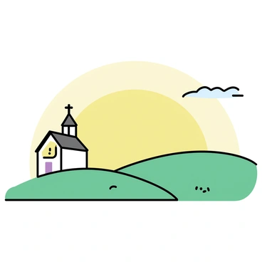 A golden sunrise, casting a warm glow across gently rolling hills, illuminating the landscape. In the foreground, a small chapel stands prominently, featuring a sloped roof and a single steeple. The hills are covered with lush green grass, creating a vibrant contrast with the soft light of the morning sun. The sky above transitions from deep orange near the horizon to soft blue higher up, dotted with a few wispy clouds. Shadows stretch gently across the hills, enhancing the peaceful scene.