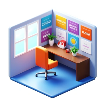 An isometric view of a stylish home office. The office features a sleek desk made of dark wood, positioned centrally. An ergonomic chair with a modern design, upholstered in a vibrant color, is placed in front of the desk. The wall behind the desk is filled with various motivational posters, showcasing inspiring quotes in bold typography and vibrant colors. A small potted plant sits on the desk, adding a touch of greenery to the workspace. Light streams in from a window, illuminating the scene.