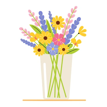 A glass vase filled with a diverse arrangement of wildflowers. The bouquet includes bright yellow daisies, vibrant purple lupines, and soft pink clovers, all coming together to create a colorful display. The glass vase has a smooth, rounded shape and reflects light, creating a clear view of the flowers inside. The background features a subtle indication of a wooden table surface.