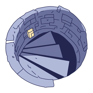 "Footsteps" are visible on the stone surface leading down a "dimly lit spiral staircase" within a "stone tower." The staircase winds around the tower's interior, with rough stone walls that show the texture of age and wear. Shadows dance along the steps, illuminated faintly by soft, warm light sources placed at intervals along the walls. The air appears still, giving a sense of quietness and solitude, while the staircase curves gently out of view at the bottom. Each step is well-defined, hinting at the history of those who have traversed this path before.