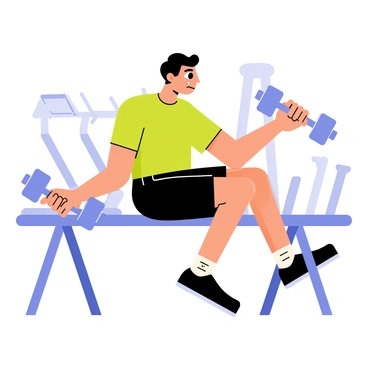 A person with a physical disability is seated on a bench, holding two light blue dumbbells in each hand. The individual has a determined expression while focusing on their workout. The dumbbells are positioned outward, showcasing the modified dumbbell fly exercise. The background features a gym setting with various exercise equipment, such as a treadmill and weights, enhancing the atmosphere of physical activity. The person’s workout attire consists of a bright green shirt and black shorts, adding vibrant color to the scene.