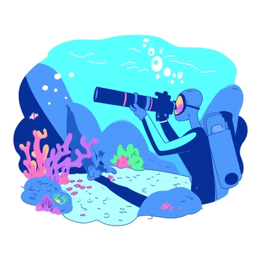 A blue diver is underwater, holding a camera equipped with a long specialized lens aimed at a vibrant coral reef. The diver is wearing a sleek, aqua-colored wetsuit and a mask, with bubbles rising around them. Surrounding the diver, colorful corals in various shapes and sizes are visible, with schools of small fish darting in and out among the coral formations. The sunlight filters through the water, creating a shimmering effect on the sand below.