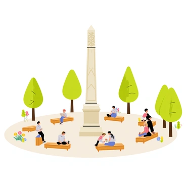 A circular plaza features a tall, slender obelisk in the center, reaching toward the sky. The obelisk is adorned with intricate carvings and stands atop a square base. Around the obelisk, several benches are placed, made of polished wood, where people are seen relaxing. Some individuals are sitting with books, while others are chatting with friends. Lush green trees line the edge of the plaza, providing shade, and colorful flower beds are planted nearby, adding splashes of color to the scene. The sky above is bright and clear, creating a welcoming atmosphere for all.