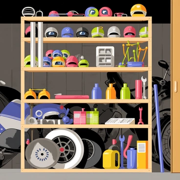 A wooden shelf crowded with numerous motorcycle parts and accessories in a garage. The shelf includes shiny chrome exhaust pipes, a stack of colorful helmet visors, and various sized gears and sprockets. There are neatly arranged tools, such as wrenches and screwdrivers, resting alongside a couple of motorcycle tires. A few oil cans are placed at the back of the shelf, and a motorcycle manual can be seen lying open among the items. The garage has concrete walls and is dimly lit, with a motorcycle partially visible in the background.