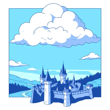 A massive dragon-shaped cloud flying over a medieval castle