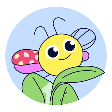 A cartoon insect with mismatched wings and a funny expression, sitting on a leaf.