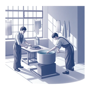 Artisans are working diligently in a workshop dedicated to the traditional process of indigo dyeing fabrics. One artisan is carefully submerging a piece of fabric into a large vat filled with indigo dye, while another is gently stirring the liquid with a long stick. Bright sunlight filters through the workshop windows, casting shadows on the floor, which is scattered with tools and dyed fabrics. The walls are adorned with hanging fabrics of various patterns and textures, illustrating the craftsmanship involved in the dyeing process.