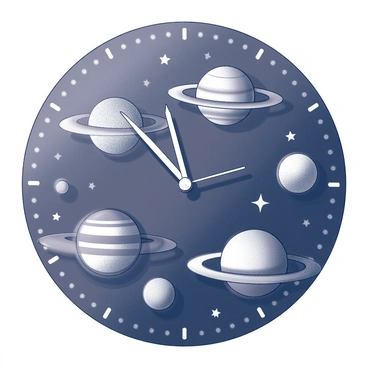 A clock face with a round shape, featuring a dark background that represents the night sky. Instead of traditional numbers, there are various planets of different sizes and shapes arranged around the clock. Each planet has unique details, such as rings or surface markings, adding to their individuality. Scattered among the planets are small stars, twinkling in varying sizes. The clock hands are visible, with one hand pointing towards a planet and the other hand indicating the hour, clearly marking the time while surrounded by this celestial theme.