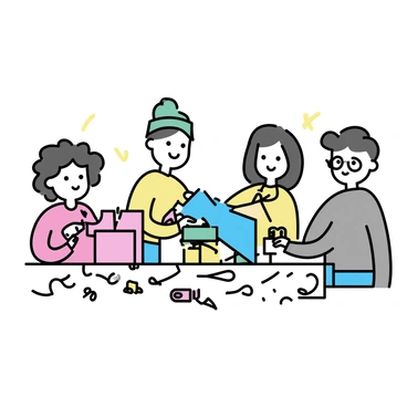 A group of four friends is gathered around a rectangular table. The table is covered with colorful wrapping paper, ribbons, and scissors scattered around. One friend with curly hair, wearing a red sweater, is wrapping a large box with bright blue paper. Another friend, wearing a green beanie, is cutting pink ribbon. A third friend, with glasses, is holding a roll of yellow tape while smiling. The fourth friend, dressed in a cozy gray cardigan, is placing a small gift on the table, surrounded by various festive decorations.