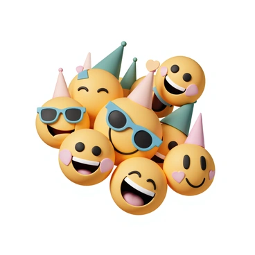 A vibrant arrangement of various "smiley face emojis" displayed in a dynamic collage. The collage features different styles of smiley faces, including some with sunglasses, winking expressions, and big grins. The emojis are arranged in a playful manner, overlapping slightly and showcasing a range of colors like yellow, green, and blue. Each emoji has distinct facial features, such as different eye shapes, and some display additional elements like hearts or party hats. The overall composition conveys a sense of joy and fun.