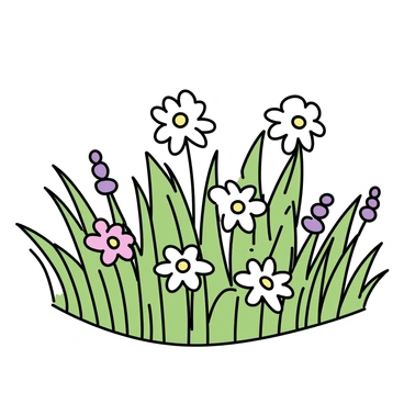 A patch of white daisies with yellow centers is growing among tall green grass. The daisies are surrounded by various wildflowers in shades of purple and pink. The grass is lush and abundant, swaying gently in the breeze, creating a vibrant natural scene. The composition emphasizes the contrast between the bright daisies and the surrounding greenery.