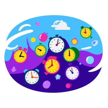 A collection of clocks in various styles is scattered across a vibrant landscape. Each clock displays a different time and has bold, colorful numbers. Spirals of bright colors twist and swirl around the clocks, creating a dynamic sense of movement. Some spirals are thick and bold, while others are thin and delicate, all giving the illusion of time bending and swirling. The background features a gradient of blue and purple, enhancing the feeling of an otherworldly space.