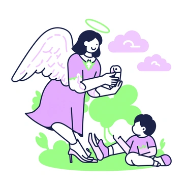 A guardian angel is hovering protectively above a child. The angel has large, soft-feathered wings extended, with a gentle expression on their face, embodying a sense of care. The child is sitting on the ground, playing with a small toy, looking up at the angel with admiration. Surrounding them is a serene environment, with soft clouds floating in the background. The scene conveys a feeling of safety and love, with the angel's arms slightly outstretched as if to offer warmth and protection.