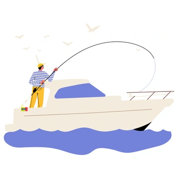 An angler wearing a yellow hat and a blue and white striped shirt is standing on the deck of a white yacht. The yacht is designed with smooth lines and has a small railing. The angler is casting their fishing line over the side of the yacht, with the line extending out into the deep blue sea. The water is depicted with gentle waves, and a few seagulls are flying overhead in the clear sky. A colorful tackle box is visible on the deck next to the angler, adding a touch of vibrancy to the scene.