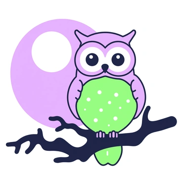 An owl with glowing eyes perched on a twisted branch in the moonlight