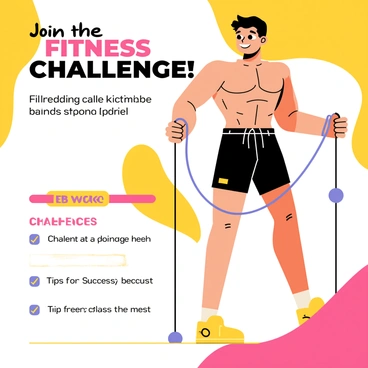 A fitness challenge poster featuring a strong athlete performing cable kickbacks. The athlete has defined muscles and is focused on executing the exercise, with one leg extended back while holding onto a cable machine. Bright colors dominate the background, highlighting energy and enthusiasm for fitness. The text "Join the Fitness Challenge!" is prominently displayed at the top in bold, energetic font. Additional details include a checklist of challenge goals and tips for success placed at the bottom of the poster.