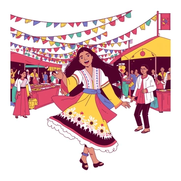 A girl wearing a vibrant traditional outfit with intricate patterns and bright embellishments is dancing joyfully in the center of a lively cultural festival. She has long, flowing hair adorned with colorful flowers and her expression is filled with excitement. Surrounding her are groups of people dressed in similar traditional clothing, all engaged in various festive activities. Colorful decorations hang overhead, adding to the festive atmosphere. In the background, there are stalls showcasing traditional crafts and food, creating a sense of community and celebration.