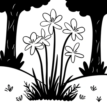 A cluster of "spider lilies" with long, slender petals and prominent stamens is blooming in a "sunlit forest clearing." Tall, slender green stems support the flowers, creating a natural arrangement. Surrounding the lilies is a mix of "lush green grass" and small ferns. Sunlight filters through the tree leaves above, casting intricate shadows on the ground around the cluster. The background features tall trees with textured bark, enhancing the natural setting.